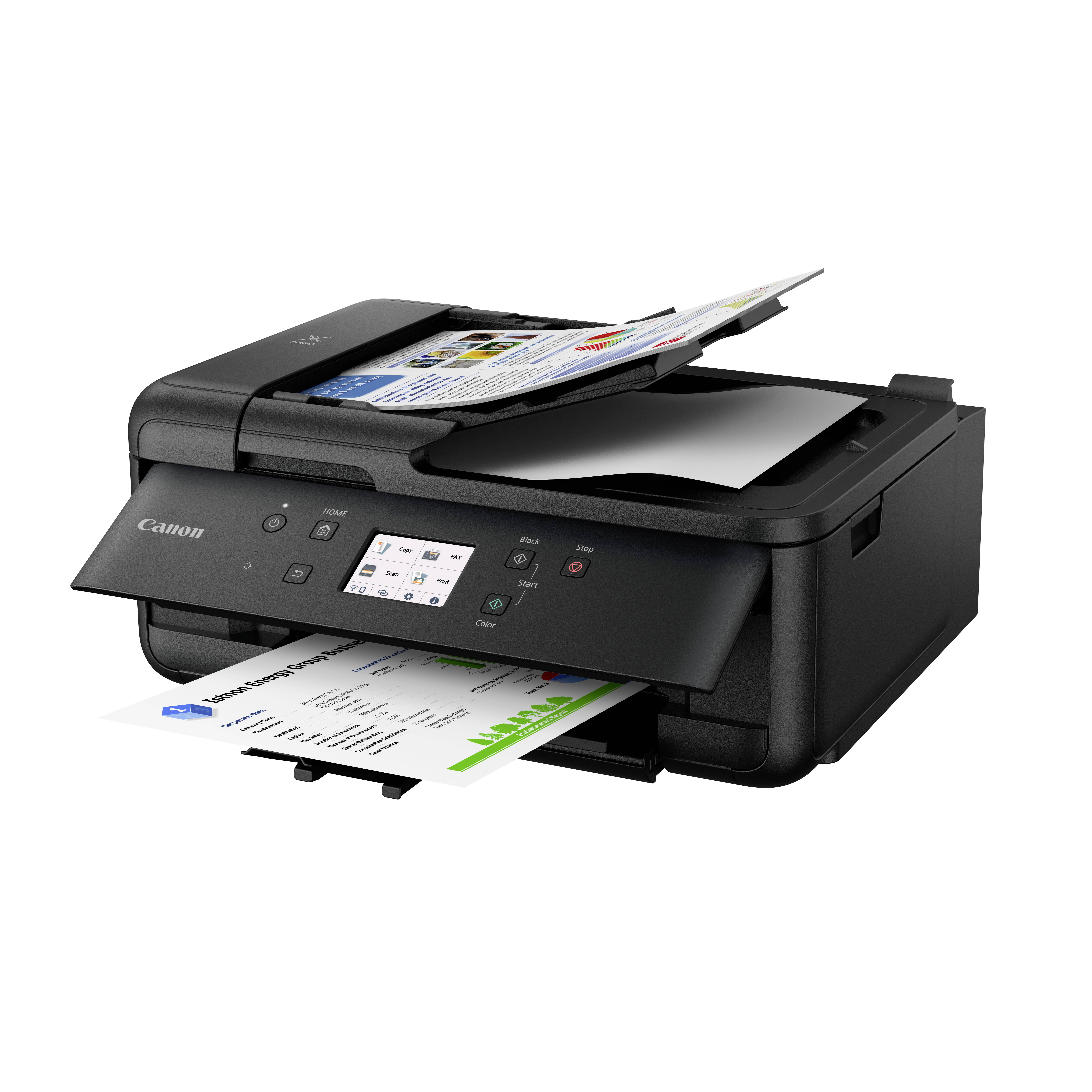 Schwarzer Multifunktionsdrucker beim Drucken eines Dokuments. Auf dem Display sind verschiedene Druckoptionen sichtbar.
