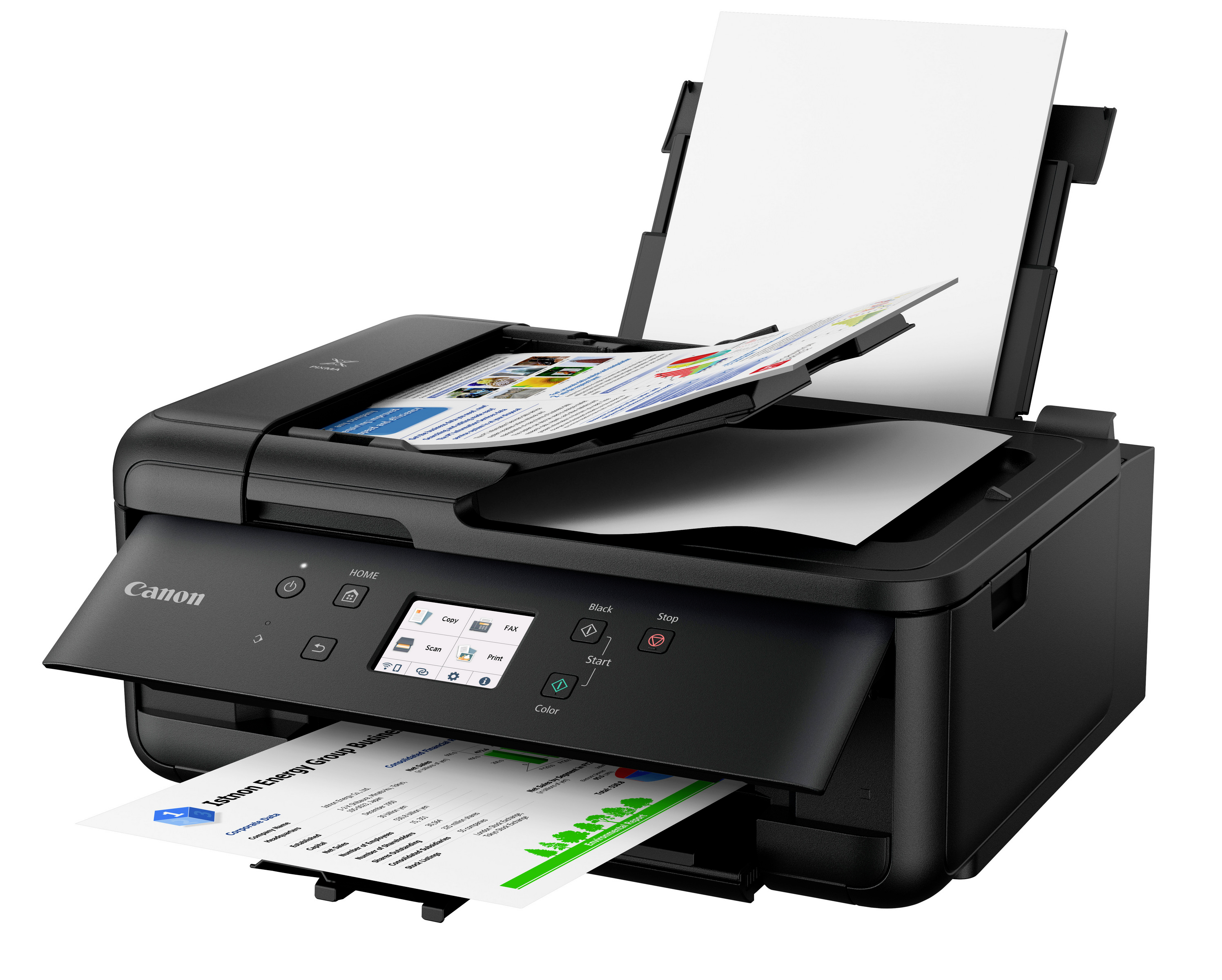 Ein schwarzer Multifunktionsdrucker druckt ein farbiges Dokument mit Diagrammen und Text. Papierzuführung hinten, Ausgabefach vorne.