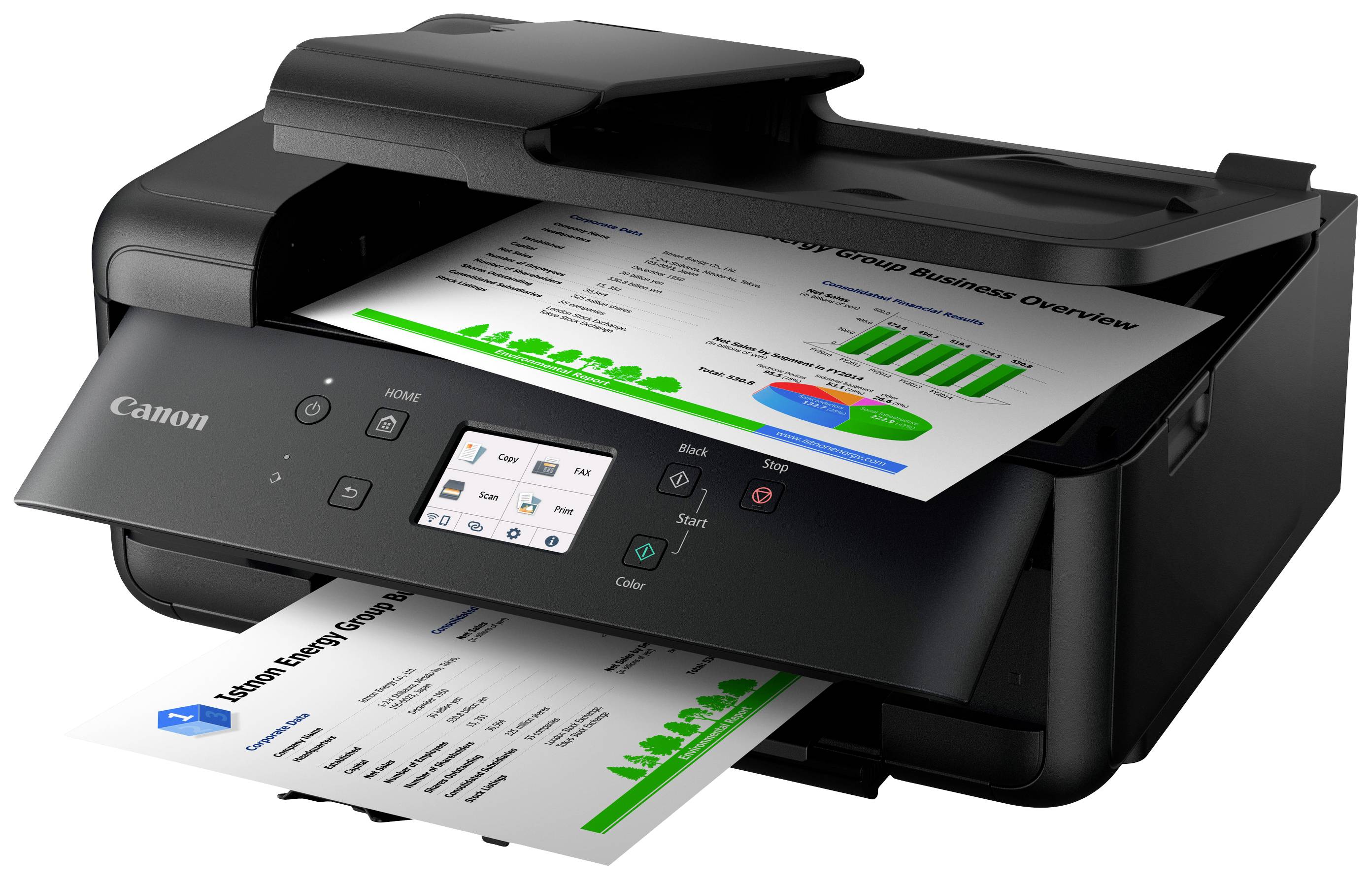 Ein Multifunktionsdrucker druckt farbige Geschäftsdokumente mit Diagrammen und Tabellen.