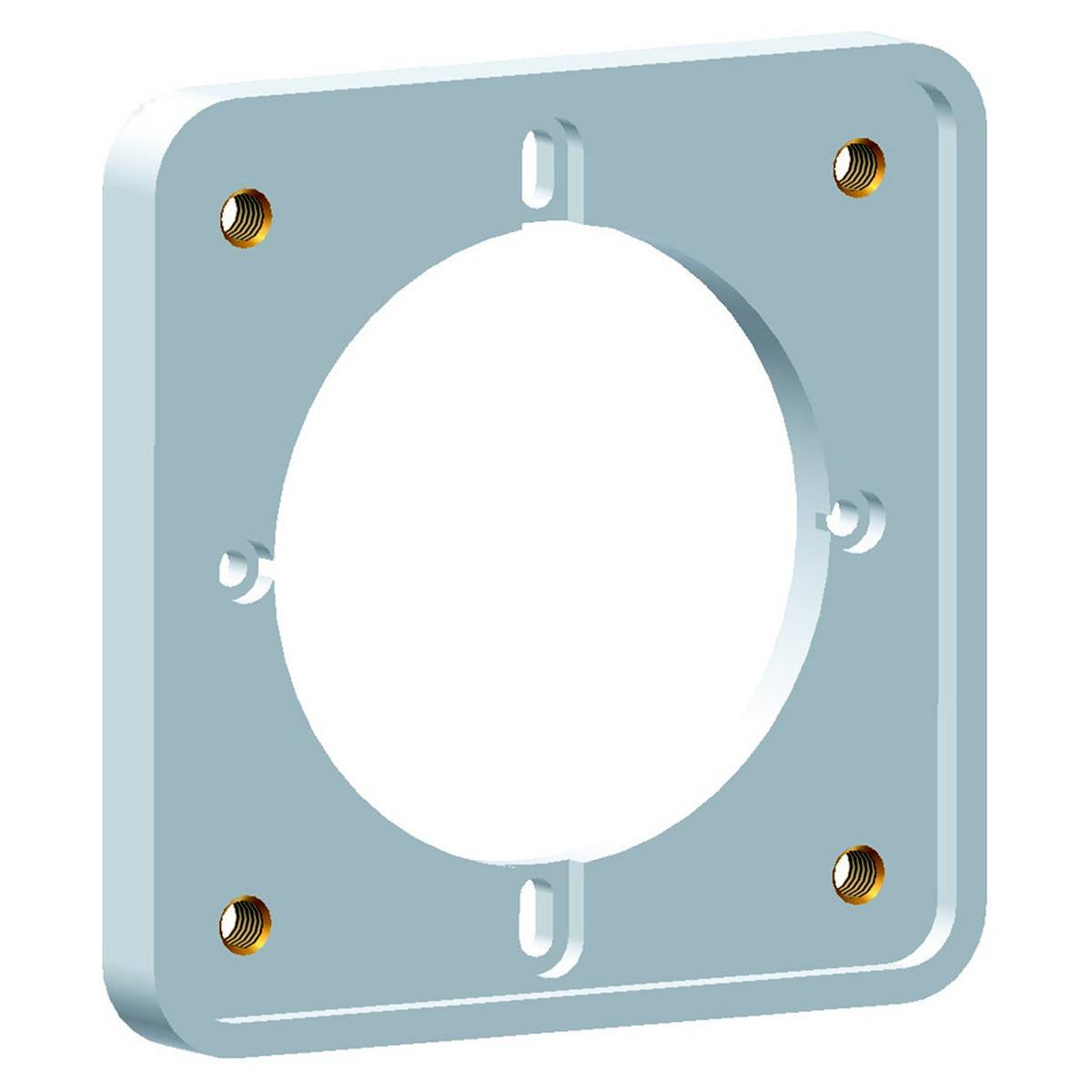 Ein rechteckiges, graues Montageblech mit einem großen runden Ausschnitt in der Mitte und mehreren Schraublöchern an den Ecken.