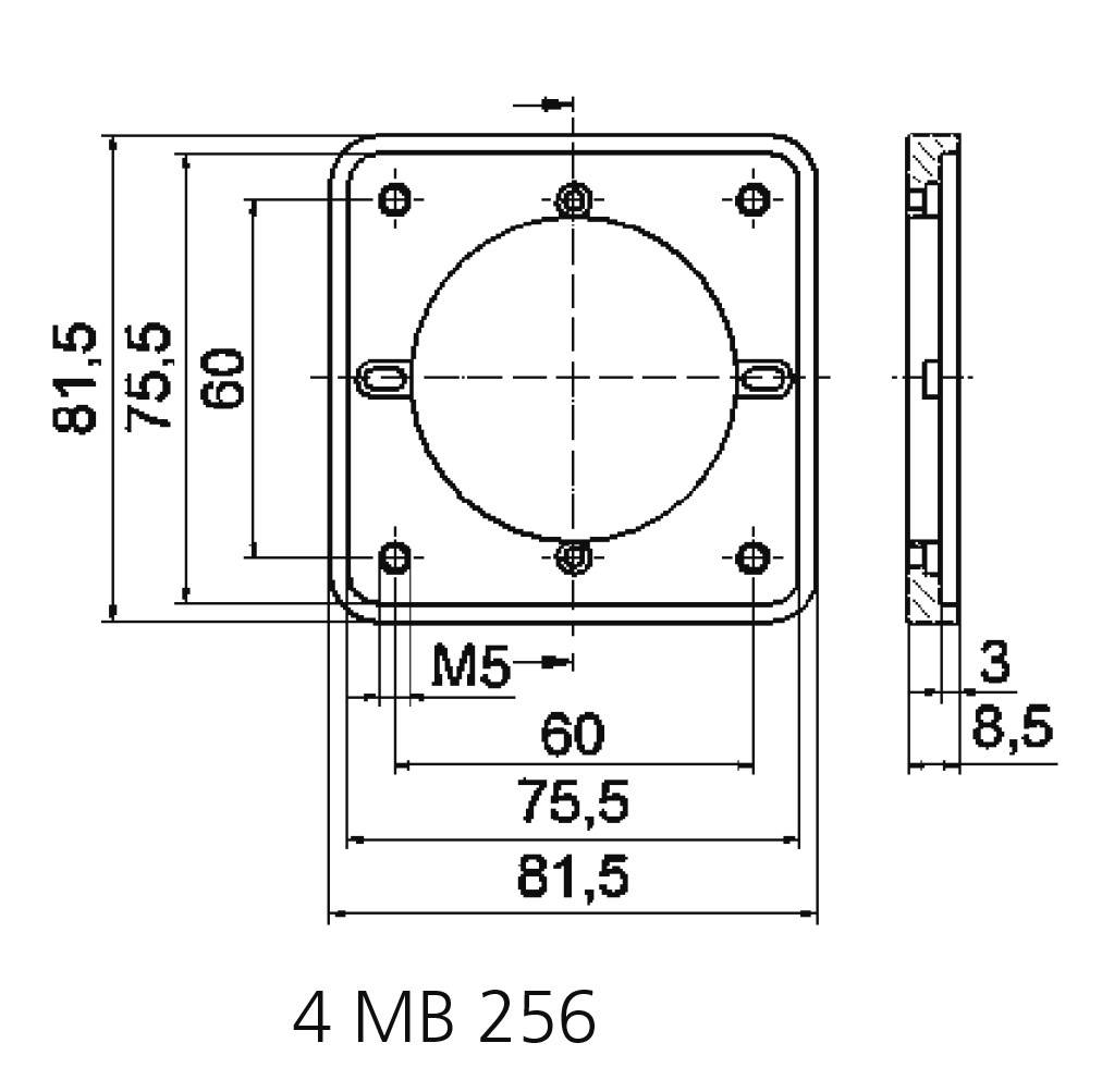 Technische Zeichnung eines quadratischen Flansches mit Bohrungsmaßen und Durchmessern. Maße: 81,5 mm Kantenlänge, M5 Schraubenlöcher. Referenz: '4 MB 256'.