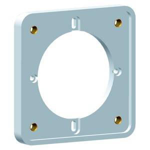 Metallplatte mit rundem, zentralem Loch und fünf Bohrlöchern an den Ecken und Kanten.