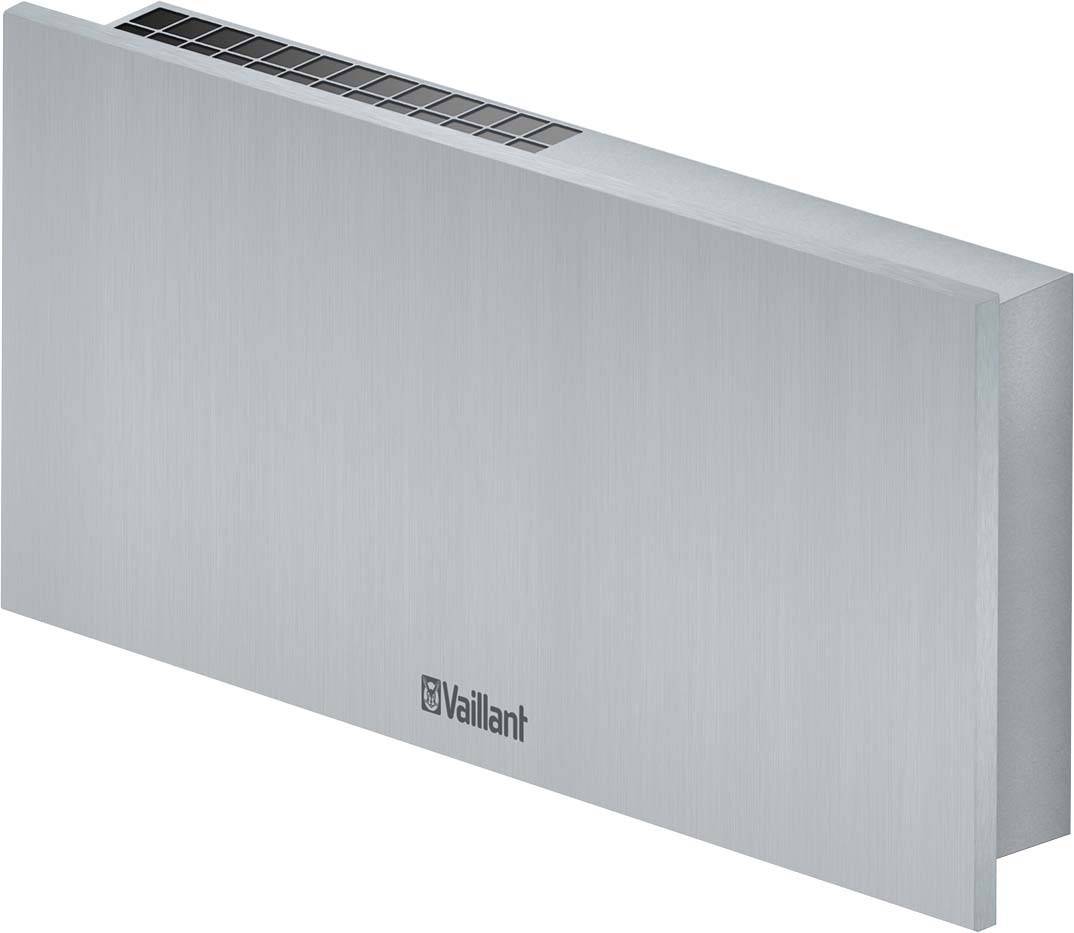 Eine silberne Heizungsanlage mit dem Logo der Marke Vaillant auf der Vorderseite. Ideal für moderne Innenräume geeignet.