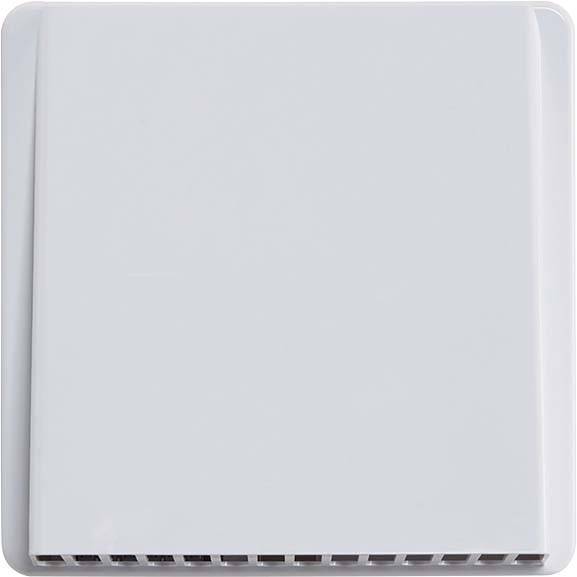 Ein weißer quadratischer Belüftungsauslass mit horizontalen Lüftungsschlitzen an der Unterseite.