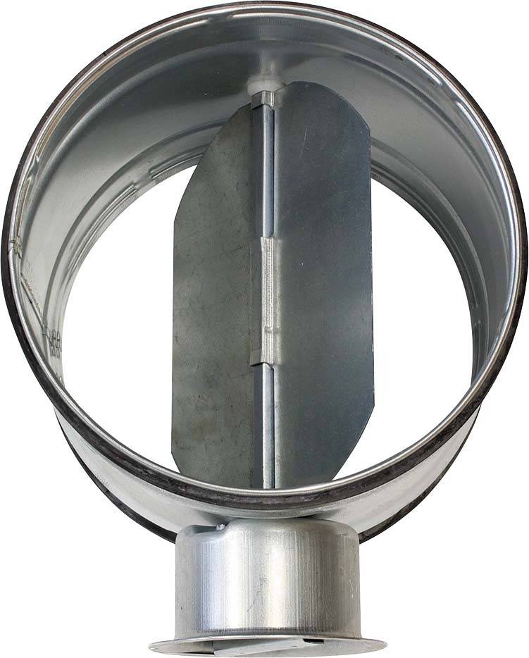 Metallkonstrukt mit rundem Rohr und innenliegender, justierbarer Klappe. Dient zur Regulation von Luftstrom in Lüftungsanlagen.