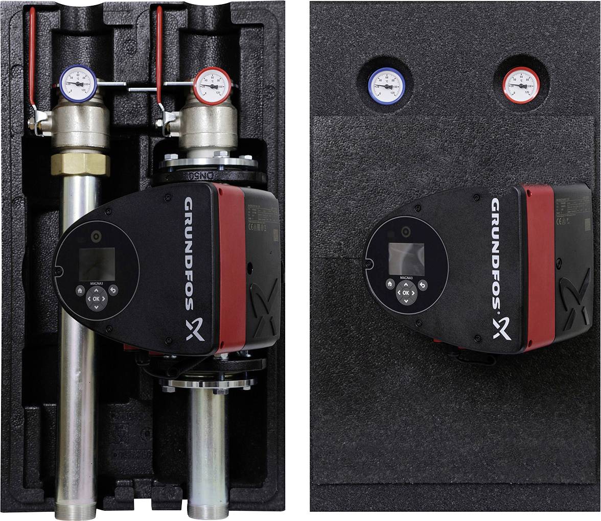 Nebeneinander-Vergleich einer Grundfos-Pumpeneinheit in Schaumstoff-Verpackung: links zeigt installierte Rohrleitungen und Manometer; rechts zeigt die Pumpe allein mit blauen und roten Indikatorkreisen.