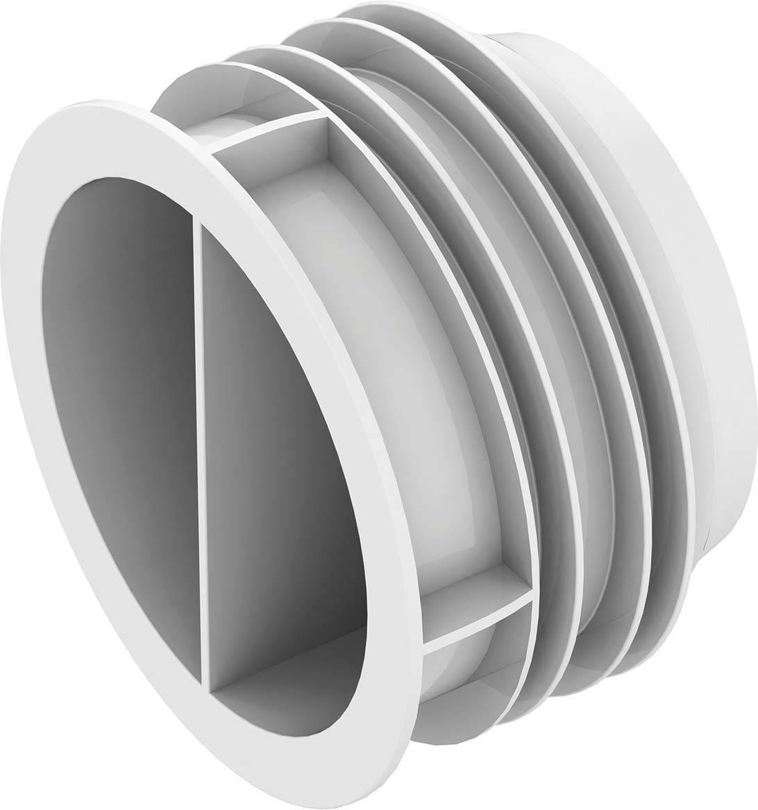 Ein ovaler, gerillter Kunststoffstopfen mit zwei Abteilungen, der in Lüftungsschlitze passt, um ein Rohrende abzudichten.