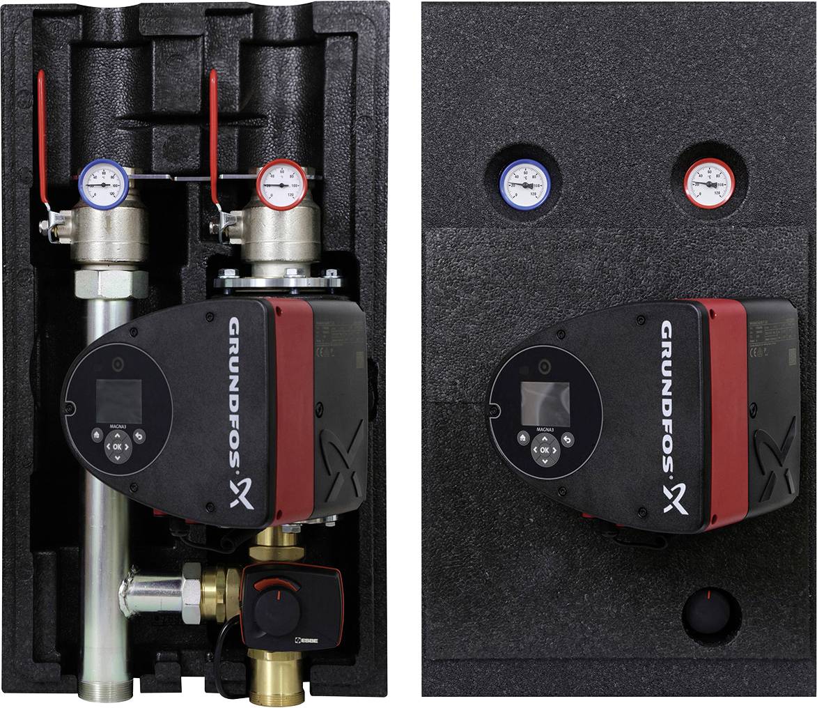 Eine Grundfos-Pumpeneinheit, die auf der linken Seite in Schaumstoffverpackung gezeigt wird und auf der rechten Seite in ein schwarzes Bedienfeld eingebaut ist, mit sichtbaren roten und blauen Manometern.