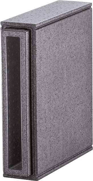 Ein grauer isolierter Lebensmittelbehälter, aufrecht stehend, mit einer offen sichtbaren Seite. Geeignet für Transport oder Lagerung von Lebensmitteln.