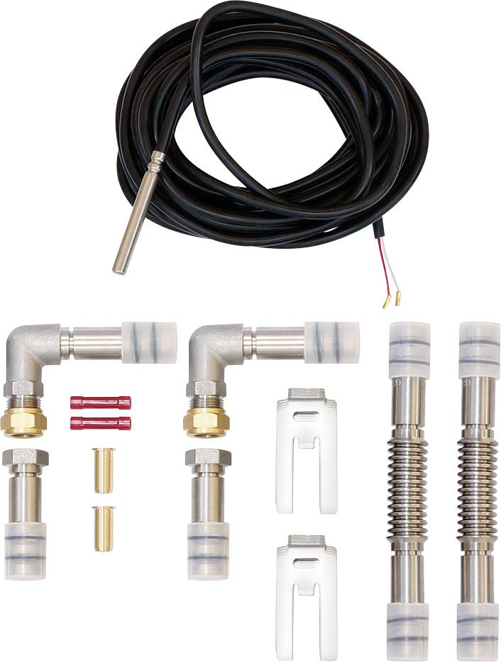 'Heizungsmontageset' mit zwei flexiblen Edelstahl-Wellrohren, zwei Winkelfittings, einem Temperatursensor mit Kabel und weiteren Kleinteilen. Geeignet für den Einsatz in Heizsystemen.