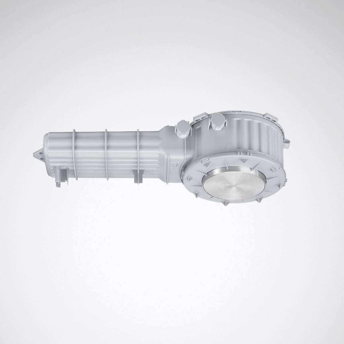 Elektrisches Getriebegehäuse in Grau vor weißem Hintergrund, zeigt die Struktur und Form des Gehäuses.