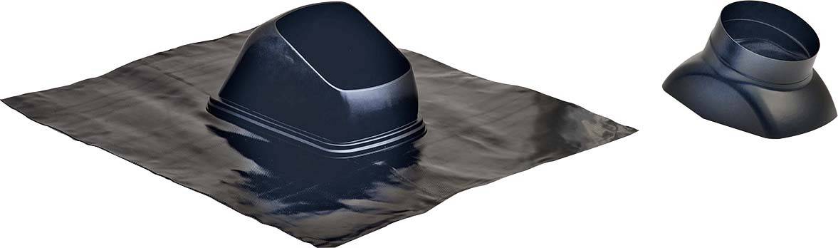 Zwei schwarze Dachentlüftungsrohre, eines mit breitem Flansch zum Abdichten und das andere in einfacher Form.