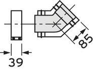 Technische Zeichnung eines Rohrs mit 90-Grad-Winkel. Länge 85 mm, Durchmesser 39 mm. Zeigt Verbindungen und Maße.
