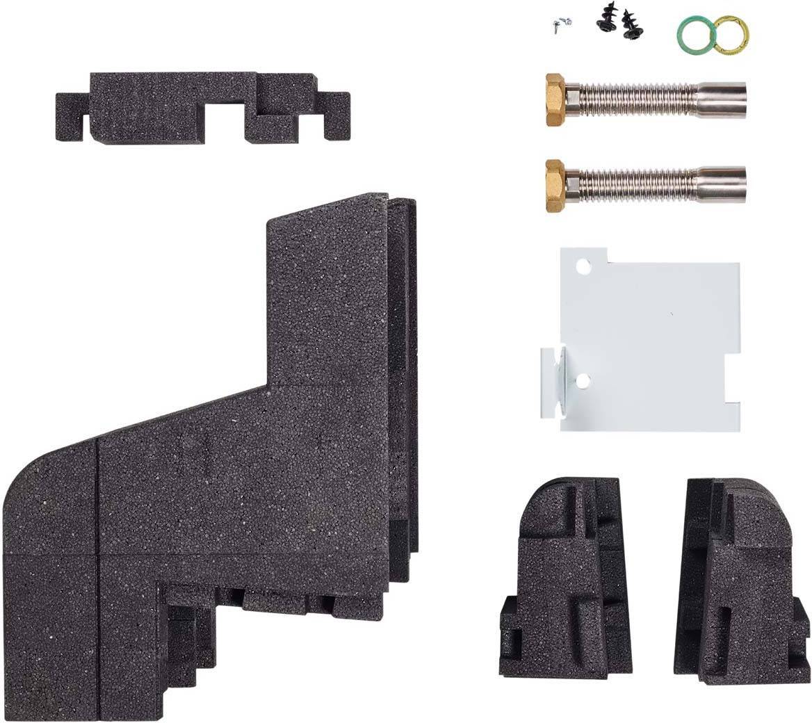Bauteilsatz mit schwarzen Kunststoffelementen, Schrauben, Dichtungen und Metallstiften. Komponenten zur Montage oder Befestigung.