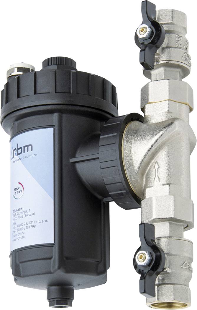Industrieller Wasserfilter oder Sieb mit schwarzem Gehäuse und Metallventilarmturen, isoliert auf weißem Hintergrund.
