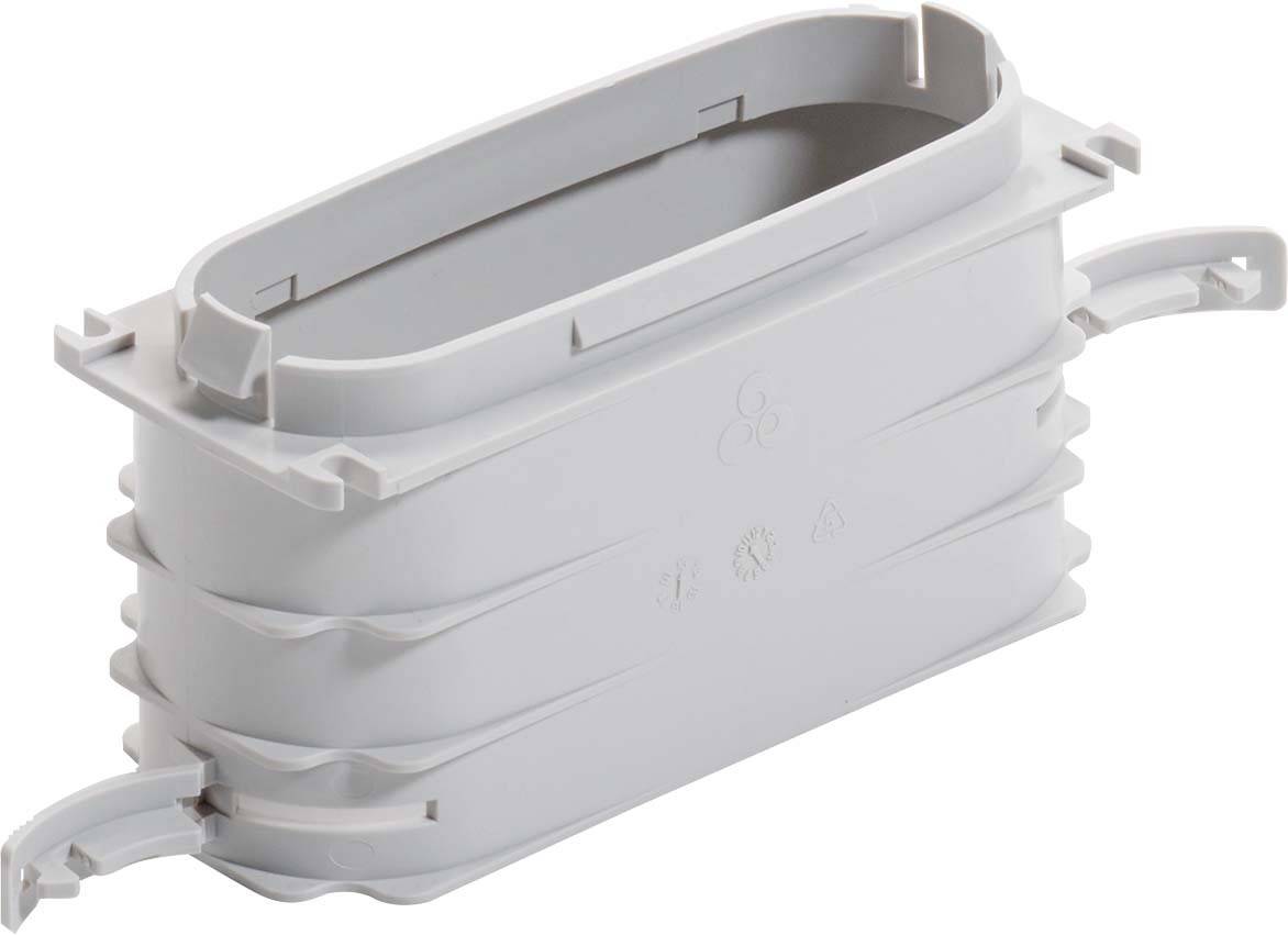 Ein graues Kunststoffbauteil mit rechteckiger Grundform und abgerundeten Ecken, seitlich angebrachten Befestigungsclips.