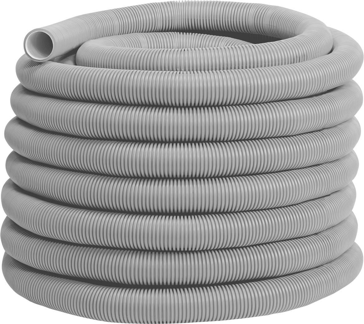 Grauer, gewellter Kunststoffschlauch, aufgerollt und bereit für den Einsatz in Installationen oder zur Wasserableitung.