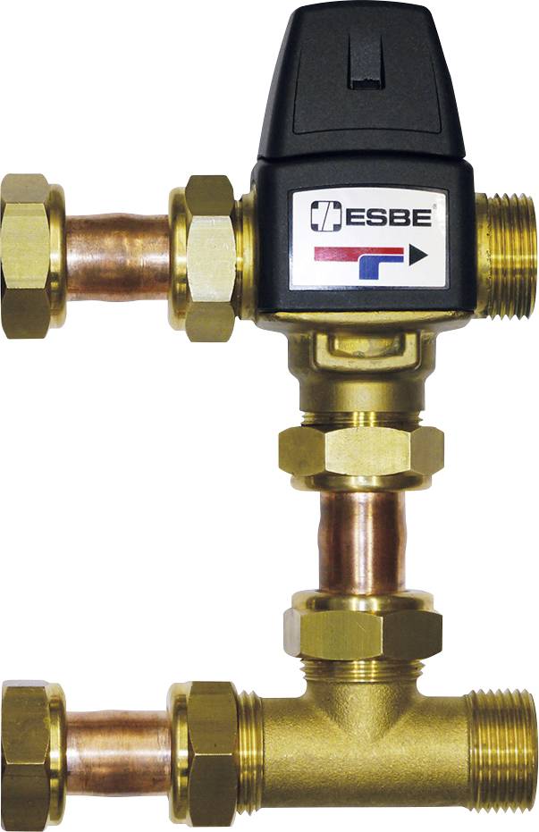 Messingventilbaugruppe ESBE mit schwarzem Stellantrieb, abgebildet auf weißem Hintergrund.