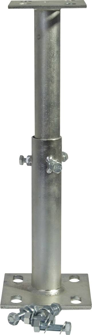 Metallischer verstellbarer Stützpfosten mit Boden- und Kopfplatte, gesichert durch Bolzen und Klemmen.
