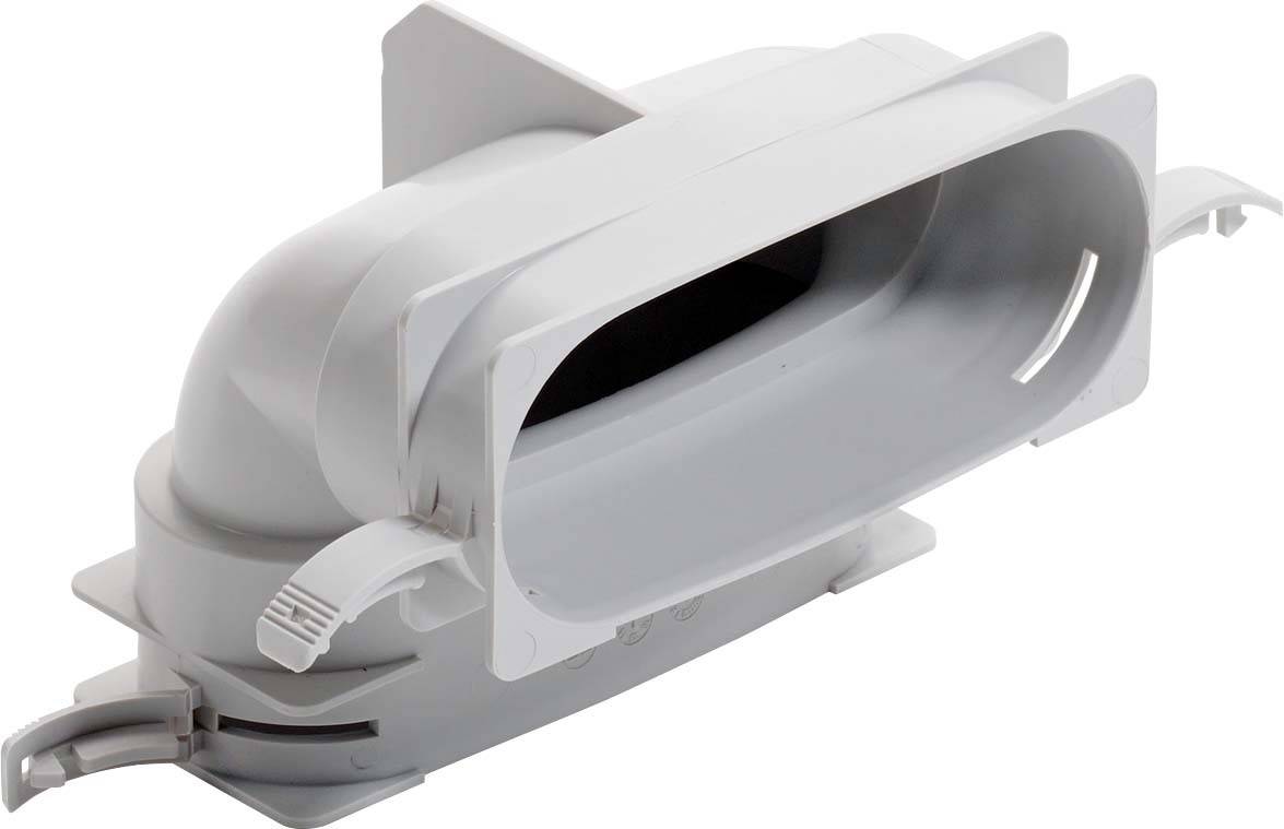 Ein weißer Kunststoffadapter mit ovaler Öffnung und zwei befestigten Klammern an den Seiten. Dient wahrscheinlich zur Verbindung von Rohren.