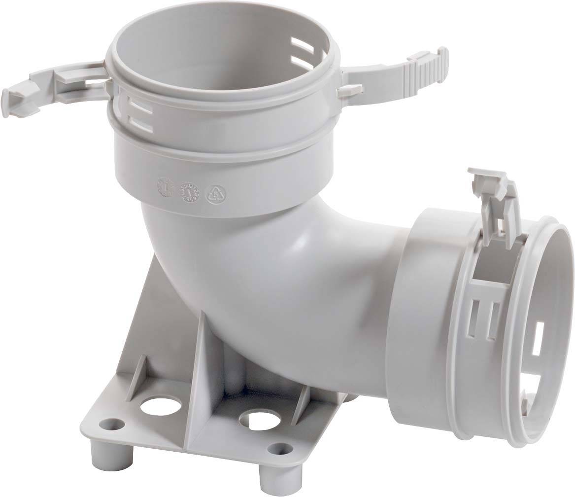 Graues Kunststoffrohr in L-Form mit zwei Anschlüssen und Befestigungslöchern, verwendet für Sanitärinstallationen.