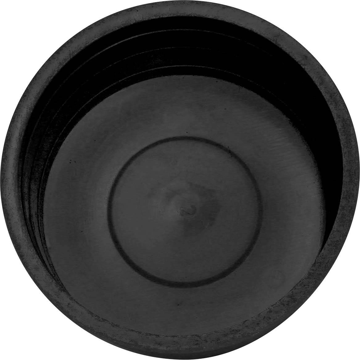 Eine runde, schwarze Plastiktasse mit glatter Oberfläche und leicht erkennbaren Kreisen am Boden, von oben betrachtet.