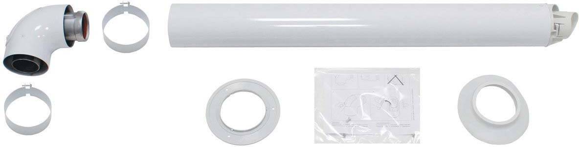 Ein weißes Kunststoff-Rohrsystem mit mehreren Komponenten, darunter ein Winkelverbindungsstück, Dichtungsringe und eine Montageanleitung.