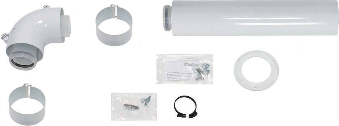 Einzelteile eines Lüftungsrohr-Sets: Winkelstück, gerades Rohr, Befestigungsschellen, Dichtungsring und Montagematerial.