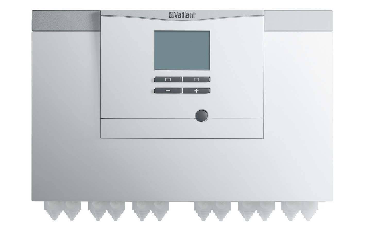 Ein weißes Heizsystemgerät mit einem digitalen Display und Bedienelementen designt für die Wandinstallation.