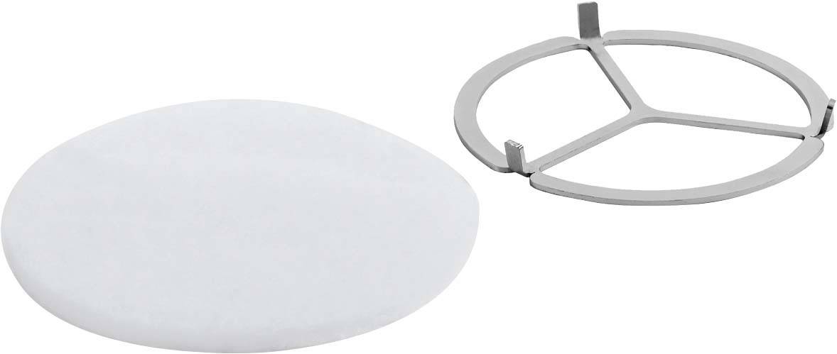 Weiße Keramikplatte und runder Metallständer mit drei Halterungen, nebeneinander liegend. Geeignet für den Einsatz als Träger.