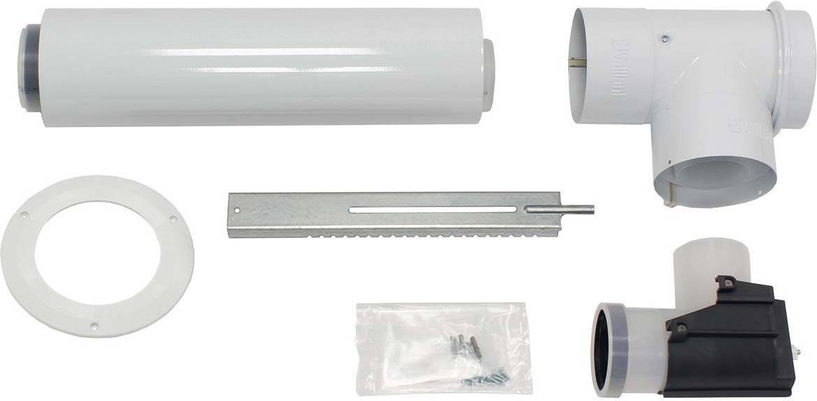 Heizungsabgas-Set mit weißem Rohr, T-Stück, Dichtung, Halterung und Schrauben für die Montage eines Abgasableitungssystems.