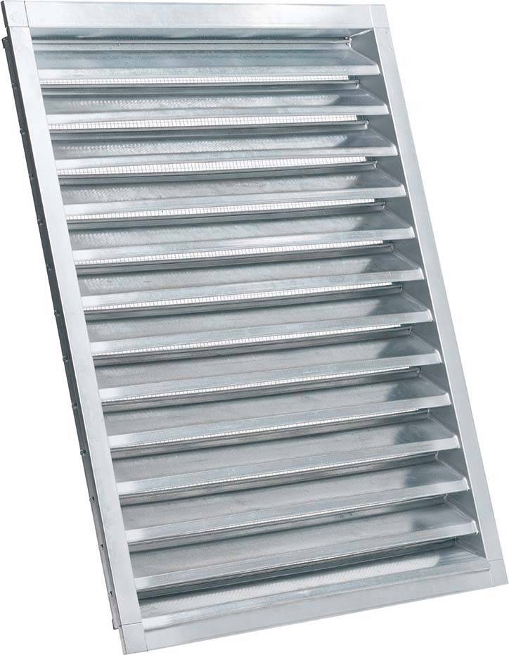 Metallisches Belüftungsgitter mit horizontalen Lamellen für Luftzirkulation.