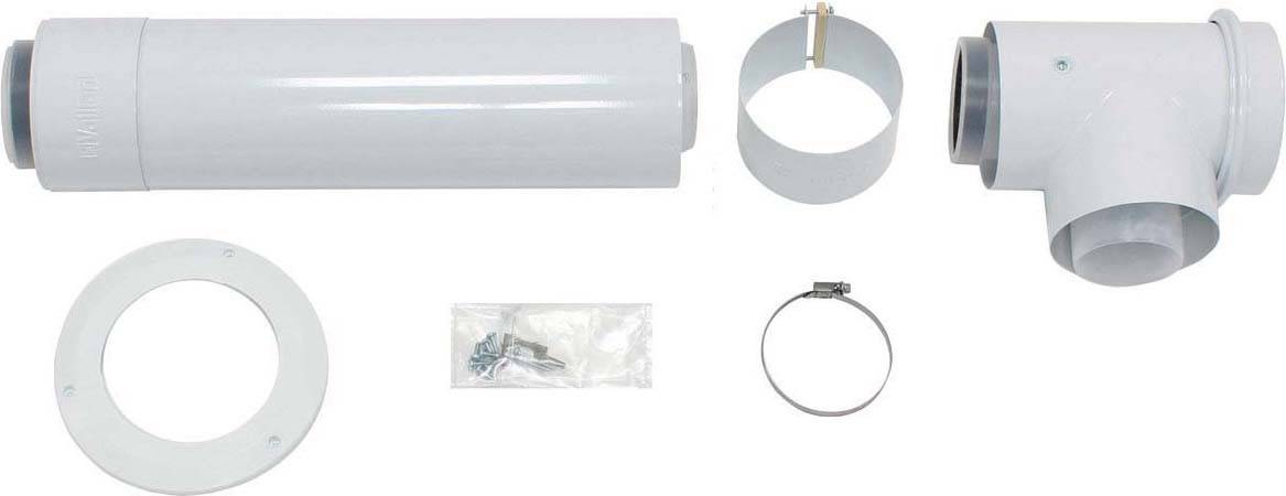 Ein Satz von weißen Kunststoffrohren und Zubehörteilen, einschließlich eines geraden Rohrs, eines T-Stücks, Dichtungen und Schrauben.