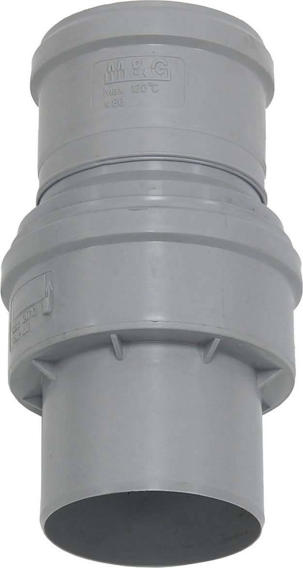 Ein graues Kunststoffventil, das in Rohrleitungssystemen verwendet wird, um den Fluss zu kontrollieren. Geeignet für hohe Temperaturen bis 100 °C.