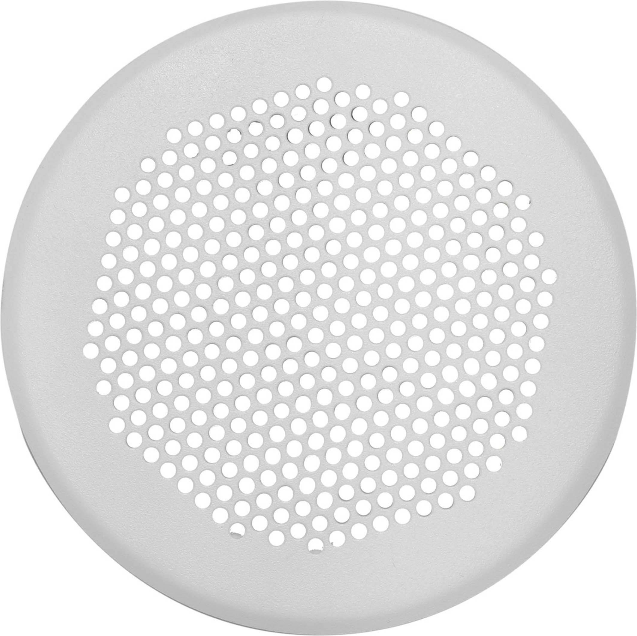 Runde weiße Oberfläche mit vielen gleichmäßig verteilten, kleinen Löchern.