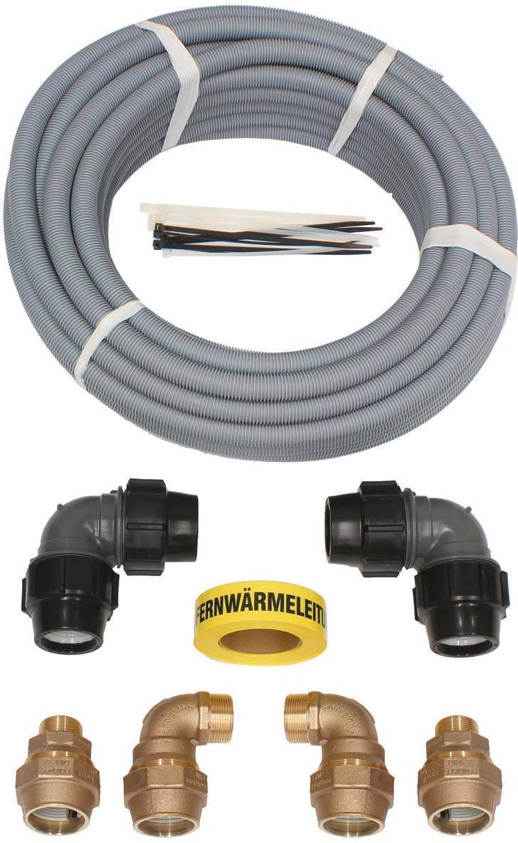 Set aus einem grauen Wellrohr, zwei schwarzen Winkelstücken, drei Messingverschraubungen, einem gelben Isolationsband und Kabelbindern.