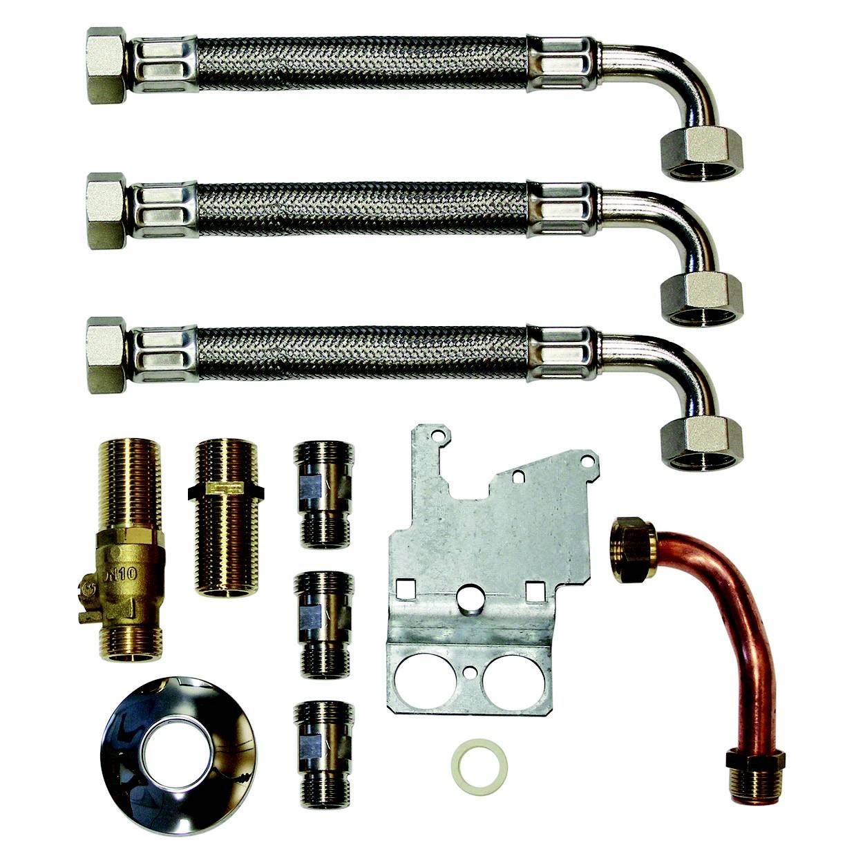 Verschiedene Wasserinstallationskomponenten, darunter drei flexible Schläuche, Kupplungen, ein Ventil, eine Dichtung und eine Montageplatte.