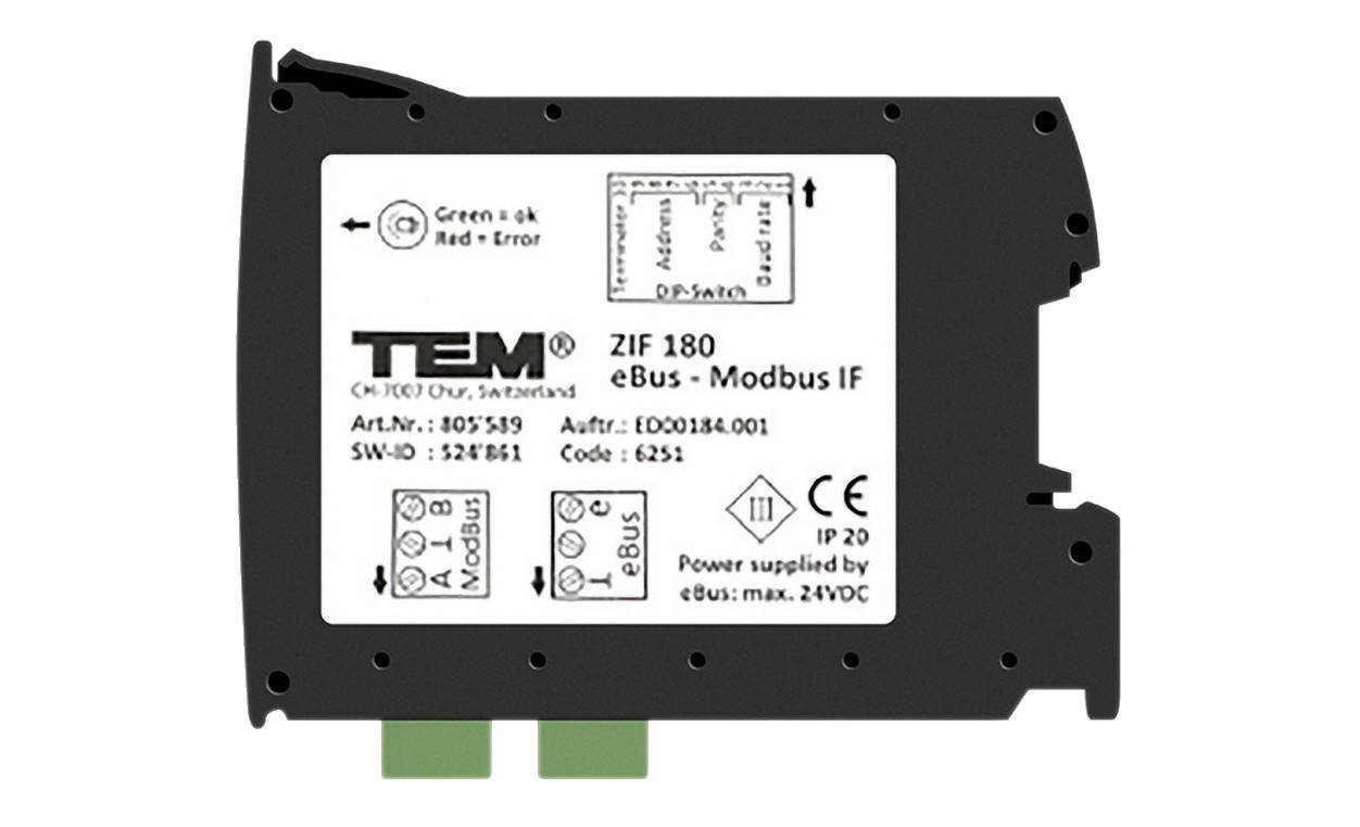 Elektronisches Modul 'ZIF 180 eBus-Modbus IF' von TEM mit Anschlussdiagramm und Statusanzeige für 'Grün = OK' und 'Rot = Fehler'.