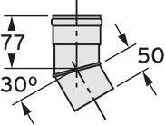 Abbildung zeigt eine technische Zeichnung eines 30-Grad-Rohrbogens mit Maßen: Höhe 77 mm, Durchmesser 50 mm.