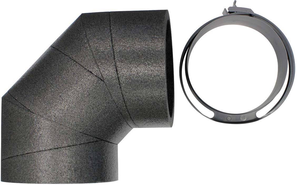 Darstellung eines grauen Rohrbogenstücks mit einem dazugehörigen Befestigungsring, isoliert auf weißem Hintergrund.