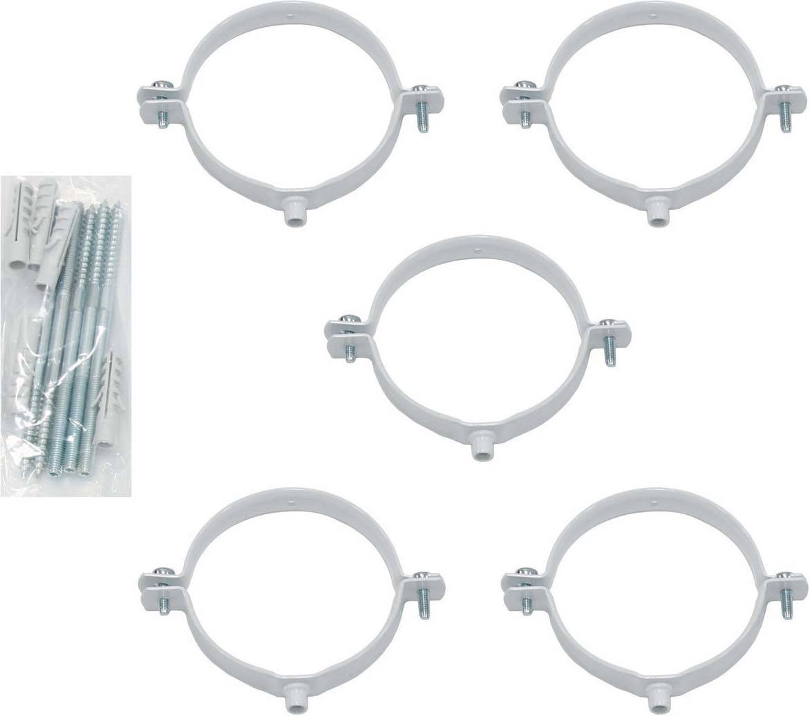 Fünf weiße Rohrschellen mit Schrauben und Dübeln für die Montage. Geeignet für die Befestigung von Rohren an Wänden oder Decken.