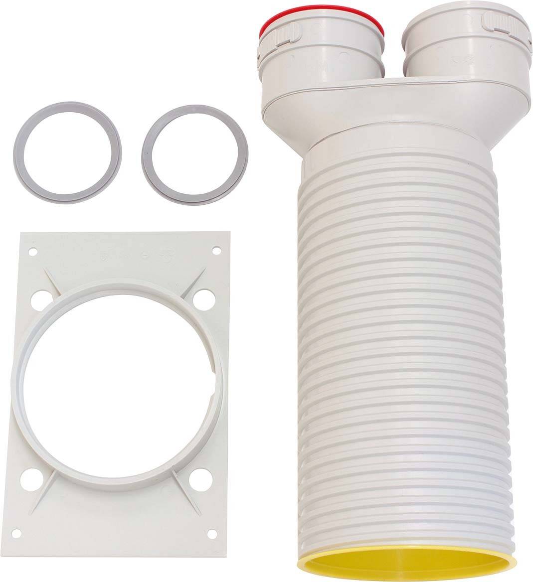 WCAG 2.1 Level AA erfordert, diese Bilder zu beschreiben: Abwasser-Verbindungsset mit weißen Rohren, Dichtungen und Montageplatte.