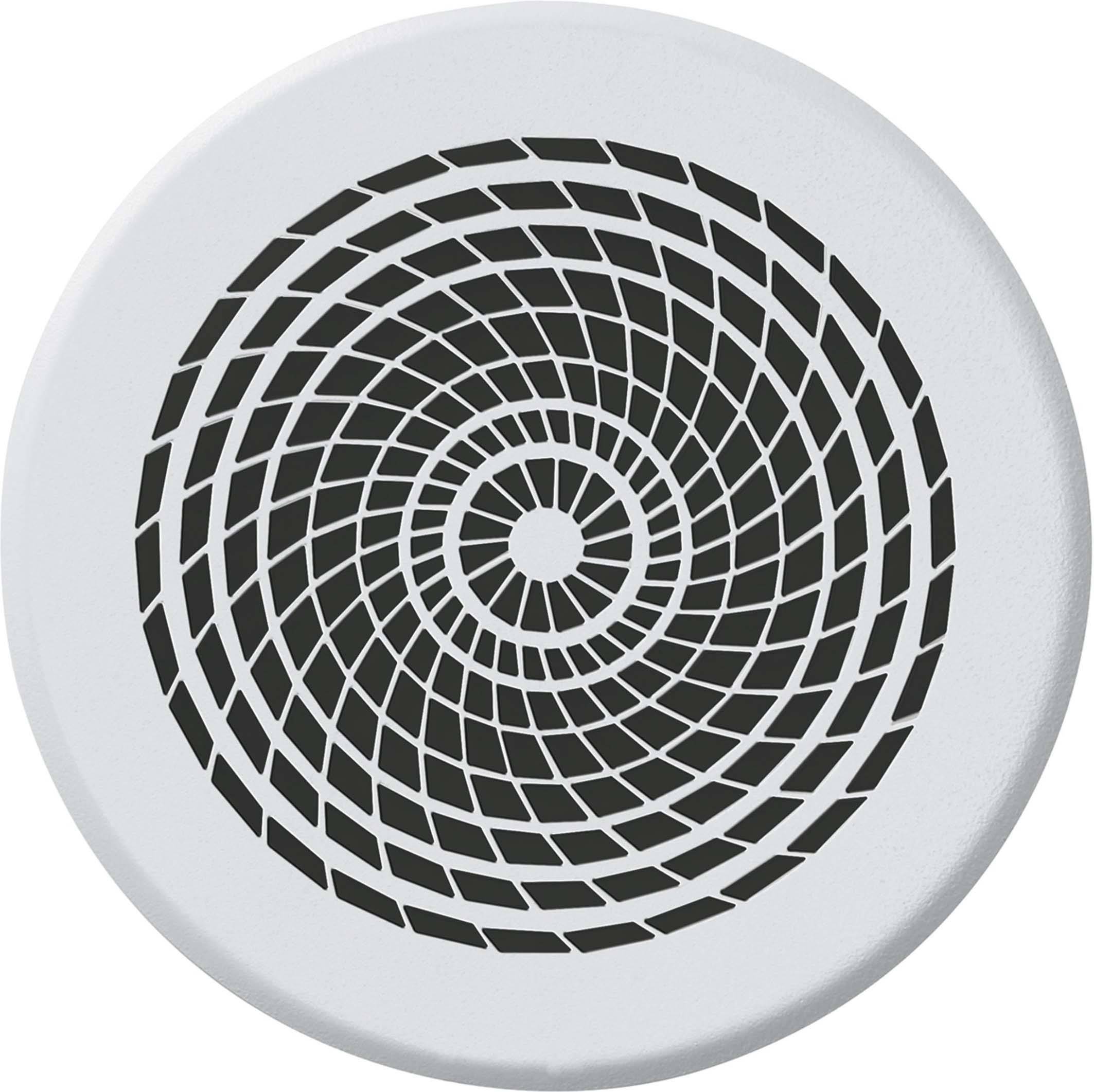Weißer runder Rauchmelder mit schwarzem, spiralförmigem Gitter in der Mitte.