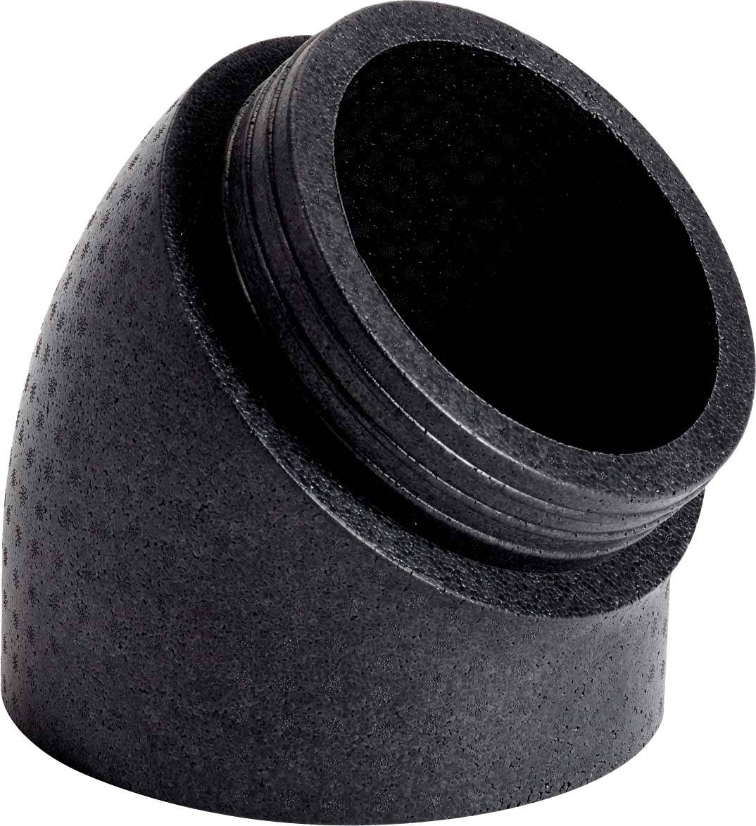 Ein schwarzes, gezacktes Rohr-Adapterstück mit Schraubgewinde, das in einem 45-Grad-Winkel geneigt ist.