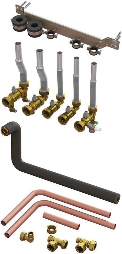 Abbildung zeigt ein Set von Rohrbauteilen und Anschlüssen für Sanitär- oder Heizungssysteme, bestehend aus Ventilen, Rohren und Halterungen.