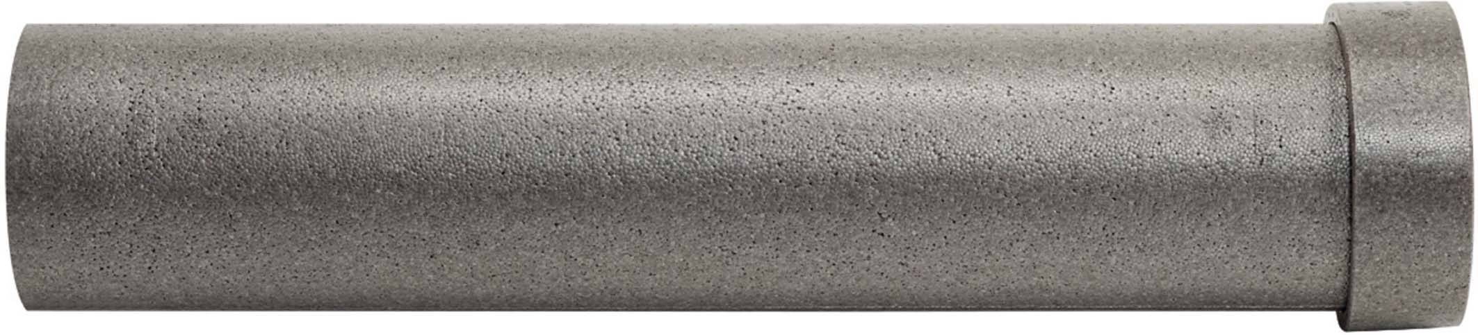 Silberfarbener metallischer Zylinder mit einem flachen Deckel auf der rechten Seite.