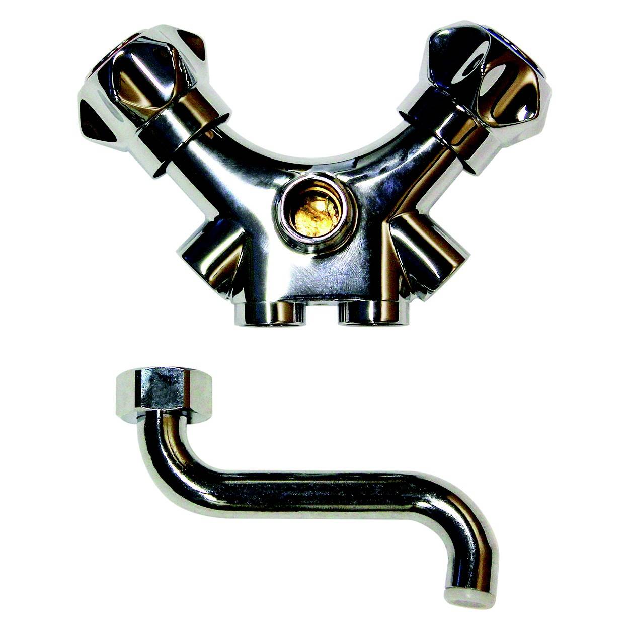 Ein verchromter Zweigriffmischer mit separatem Auslaufrohr. Die Wasserhähne haben runde Griffe, und das Design ist funktional.