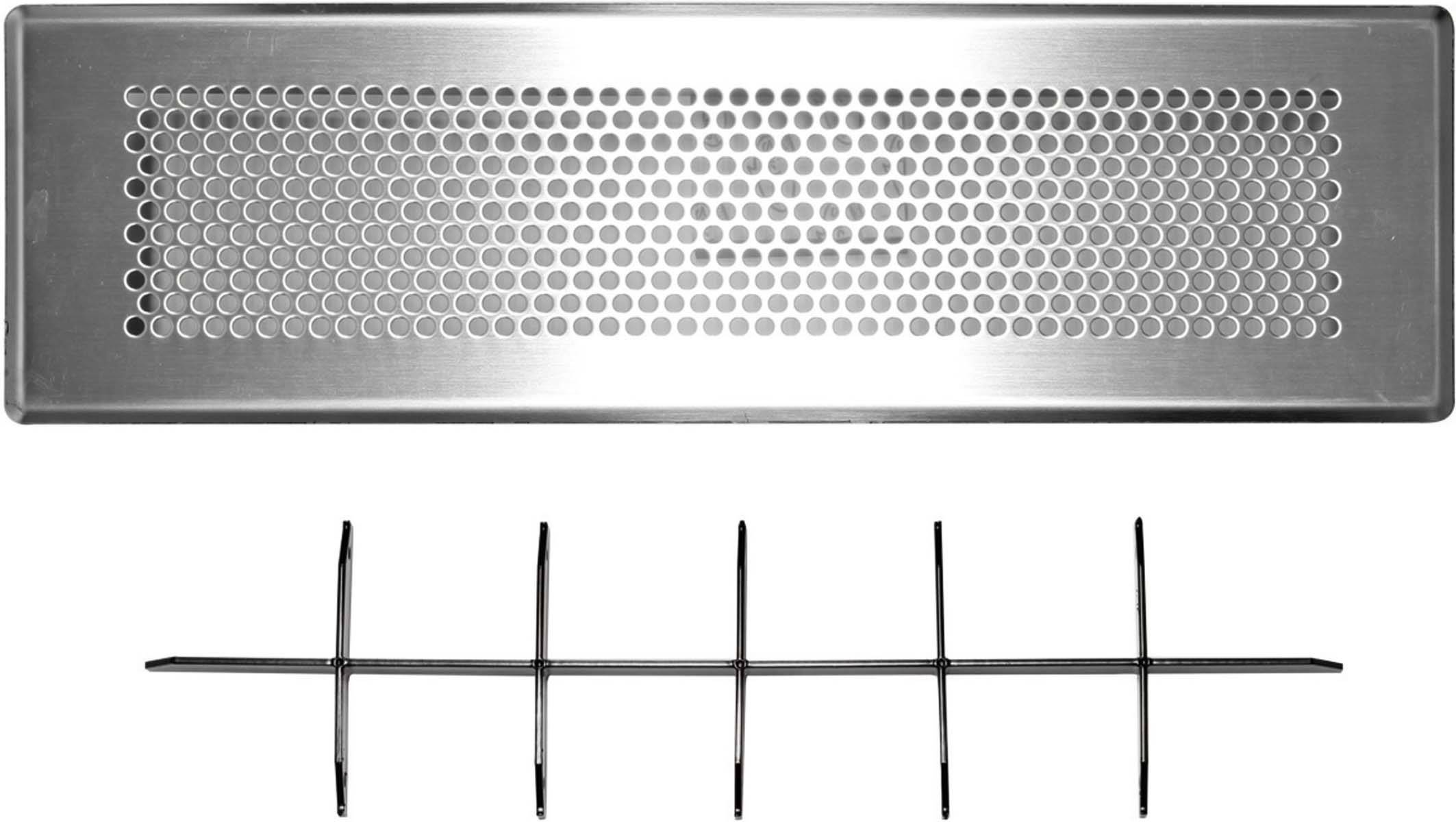 Rechteckiges Lüftungsgitter aus Metall mit kreisförmigen Löchern und separatem Gittereinsatz darunter, für Belüftung konzipiert.