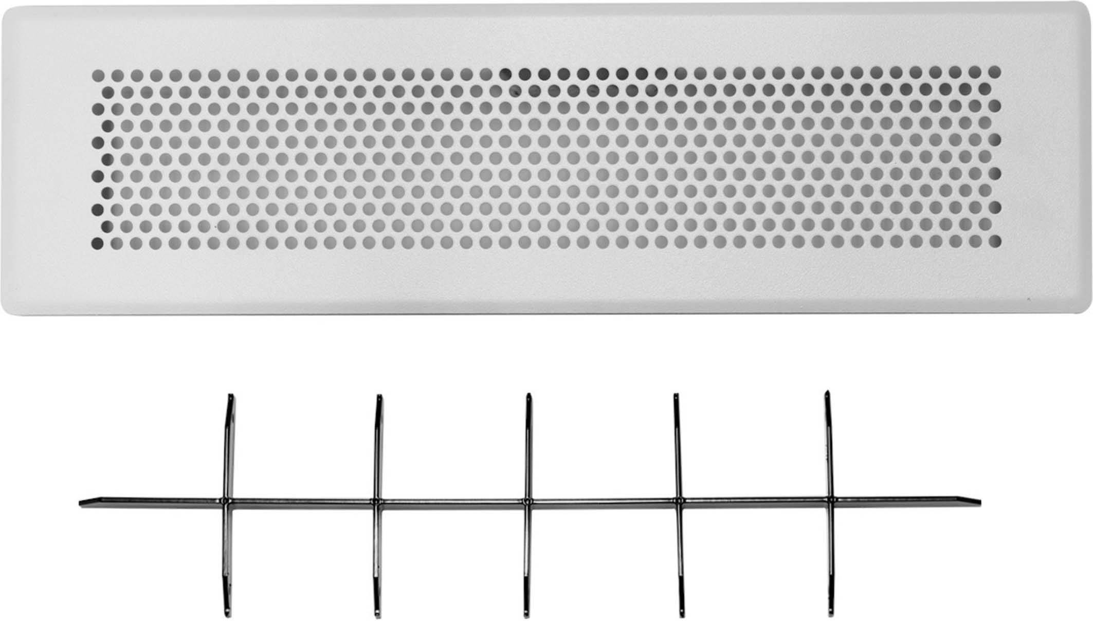 Ein rechteckiger Belüftungsgitter mit zahlreichen Löchern und ein darunter liegendes Gittermuster aus dünnen schwarzen Stäben.
