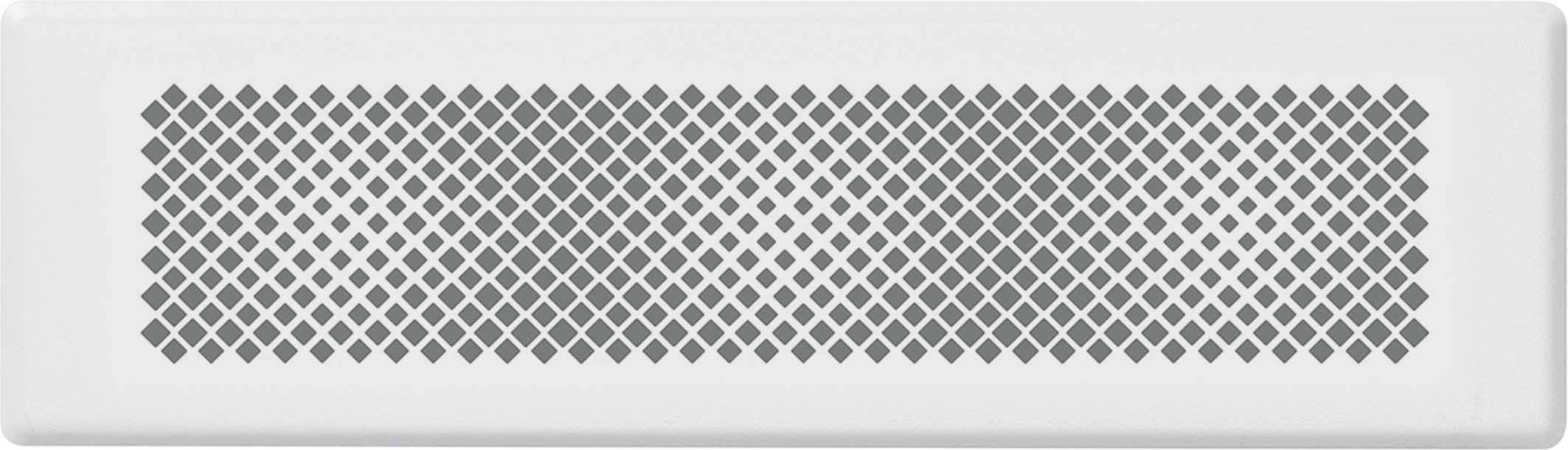 Ein rechteckiges, silbernes Gitter oder Lüftungsgitter mit einem Rautenmuster in der Mitte, vor einem weißen Hintergrund.